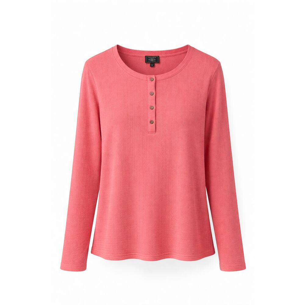 Womens Pink Henley Top Size M Long Sleeve  Fishermancore Ribbed Casual Basic Tee